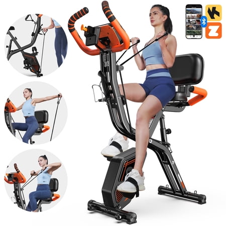 Pooboo 4-in-1 Exercise Bike Folding Magnetic Stationary Bycycle with Arm Resistance Bands Home Cardio Bike