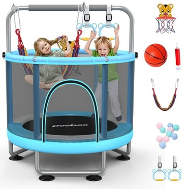 LNOW 60'' Trampoline for Kids Toddler Mini Trampoline with Basketball Hoop Indoor Outdoor Small Trampoline with Enclosure Net, Swing, Adjustable Gymnastics Bars, Ocean Balls ,Gift for Boys Girls, 450