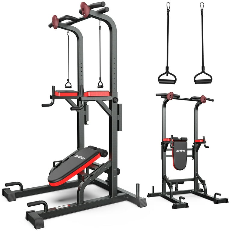 Pooboo Adjustable Body Champ with Incline Bench 480lbs Multifunction Power Tower Dip Station Pull up Bar Power Rack for Home Gym Strength Training