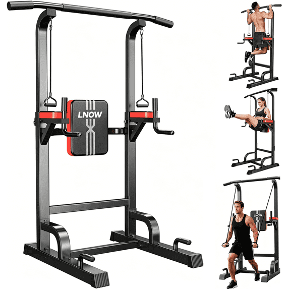 LNOW Adjustable Power Tower 480lbs Max Weight Multifunction Body Champ Dip Station Pull up Bar Power Rack for Home Gym Strength Training Workout Equipment