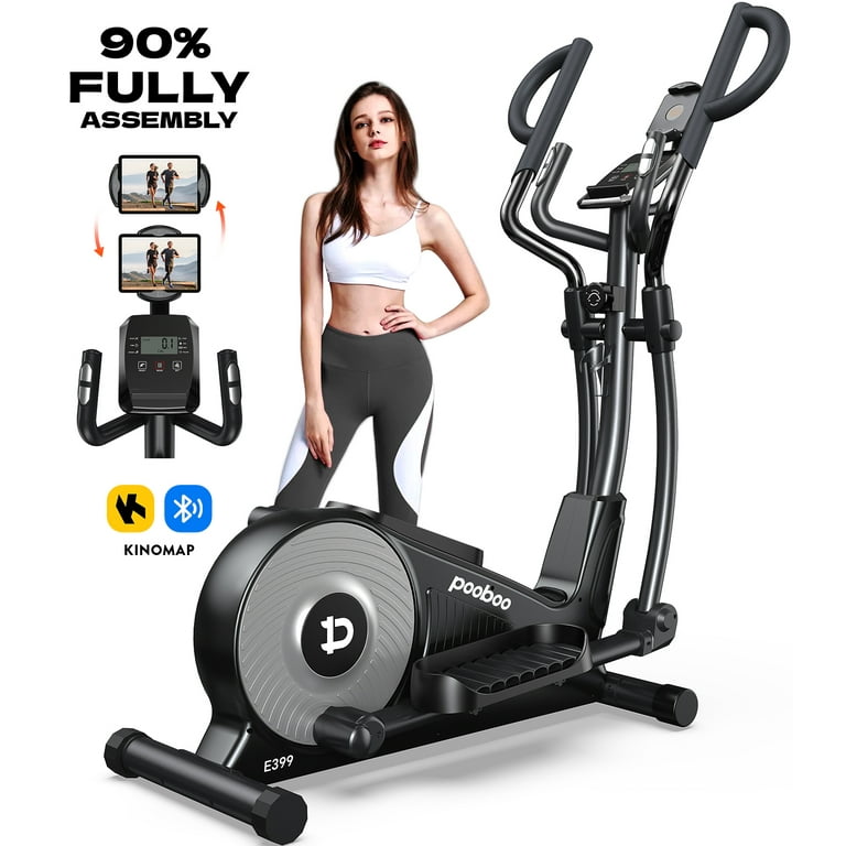 Pooboo Elliptical Machine 16 Levels Resistance Built in Blue Elliptical Trainers with LCD Monitor Smooth Quiet Driven 400lbs Capacity 15.5inch Stride