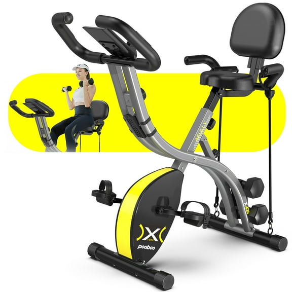 Pooboo Folding Cycling Bicycle Magnetic Exercise Bike Fitness Indoor Upright Stationary Bike with Dumbbells and Resitance Bands for Home Cardio Workout Weight up to 300 LBS