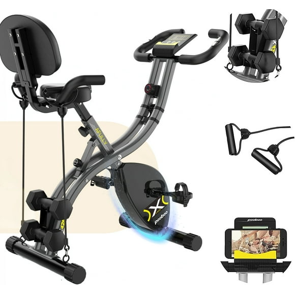 Pooboo Folding Exercise Bike Indoor Stationary Cycling Bicycle Upright Magnetic Workout Bicycle With Dumbbells and Resitance Bands Maximum Weight 300LBS