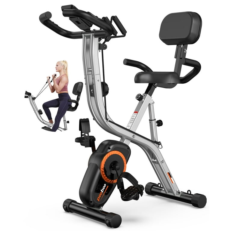 Pooboo Folding Exercise Bike Magnetic Stationary Cycling Bicycle Upright Exercise Bicycle Easy to up and off S Shaped Workout Bike with Arm Resistance