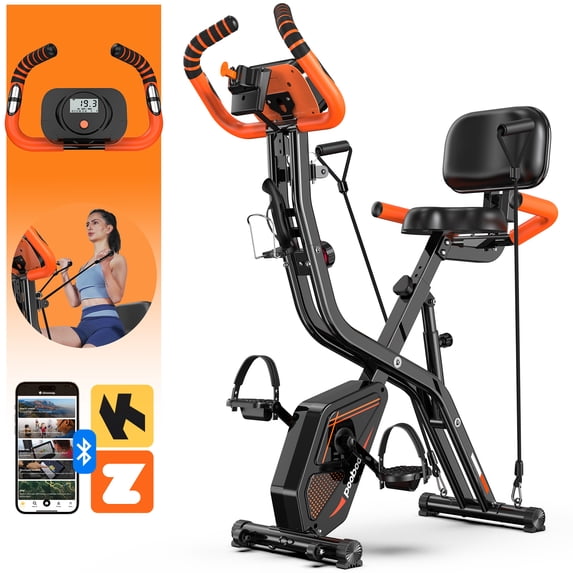 4-in-1 Exercise Bike, Foldable Stationary Bike, Tri-Position Indoor Cycling Bike with 8-Level Resistance, Arm Resistance Bands, Pulse Sensor & Back Support Cushion for Home Gym Workout