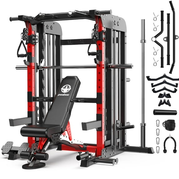 LNOW 2000LB Pro Smith Machine with Dual Pulley Cable System, Lat Pulldown, Dip Bars-Power Cage for Home Gym