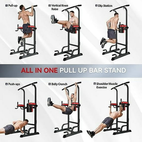 Pooboo Power Tower Dip Station Pull Up Bar for Fitness Home Gym Workout,Multi-Function Adjustable Height Fitness Strength Training Exercise Equipment (Black)