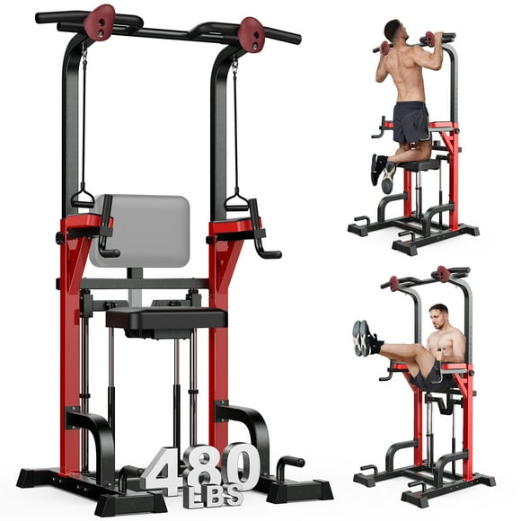 HASIMAN Power Tower Pull Up Bar Dip Station with Resistance Assisted Pad Multi-Function Adjustable Height Home Gym Strength Training Fitness Workout Equipment 480 LBS