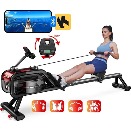 Pooboo Professional Water Rowing Machine Build-in Bluetooth 360° Tablet Holder Adjustable with LCD 350lbs