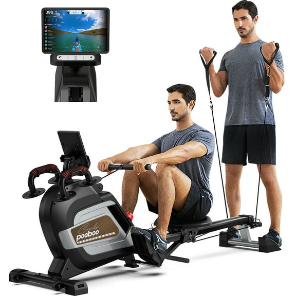 Pooboo Row Machine Adjustable 14 level Magnetic Resistance Rowing Machine Indoor Silent Fitness Equipment Rower with Transport Wheels & LCD Monitor for Home Gym Weight 350 lbs
