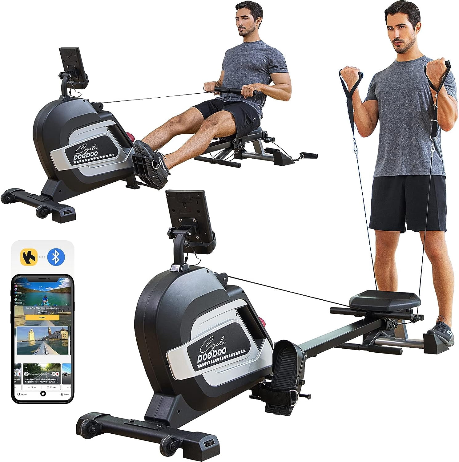 Multifunction Rower POOBOO Rowing Machine, 350 LB Capacity, Magnetic, Foldable, LCD Monitor ...