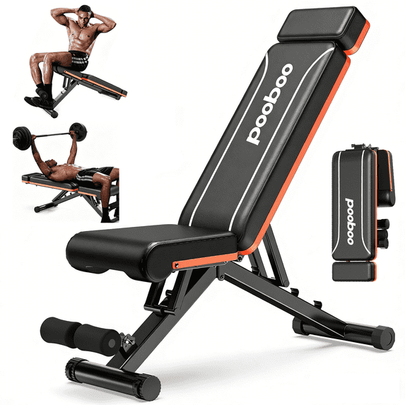 Pooboo Sturdy Foldable Weight Bench Adjustable Incline Strength Training Bench for Full Body Workout Home Gym 800lbs