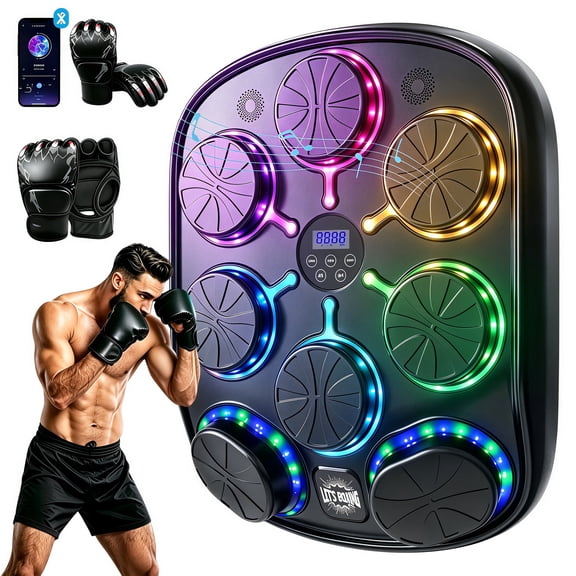 Lnow Music Boxing Machine, Interactive Punching Trainer with 8 targets, Large Size Wall Mounted Electronic Boxing Target with 2 Boxing Gloves for Adults & Teenage, Boxing Workout Equipment Target for
