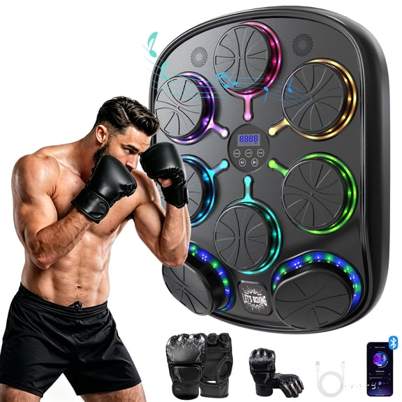 Lnow Music Boxing Machine, Interactive Punching Trainer with 8 targets, Large Size Wall Mounted Electronic Boxing Target with 2 Boxing Gloves for Adults & Teenage, Boxing Workout Equipment Target for