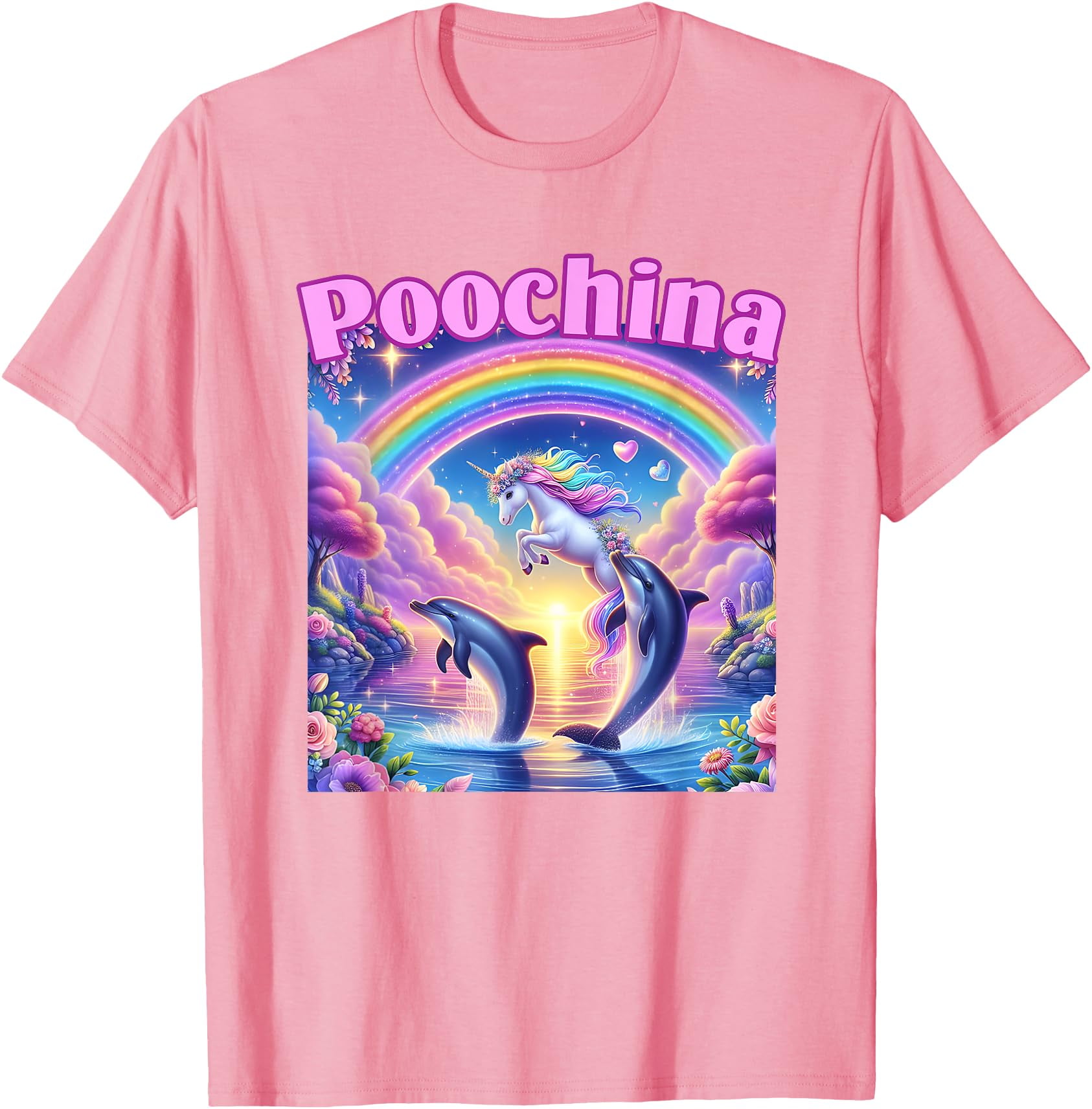 Poochina Ironic Funny Meme Trendy Dolphin Unicorn Softstyle Unisex  T-Shirt,Light Pink Color,Size YL - Walmart.com, image size:1686x1713