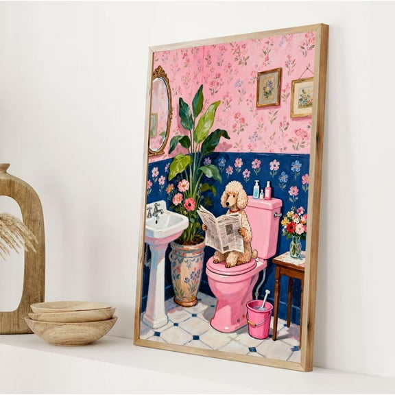 Poodle Bathroom Poster Retro Dog Lover Wall Art Home Decor, 8x12 UNFRAMED