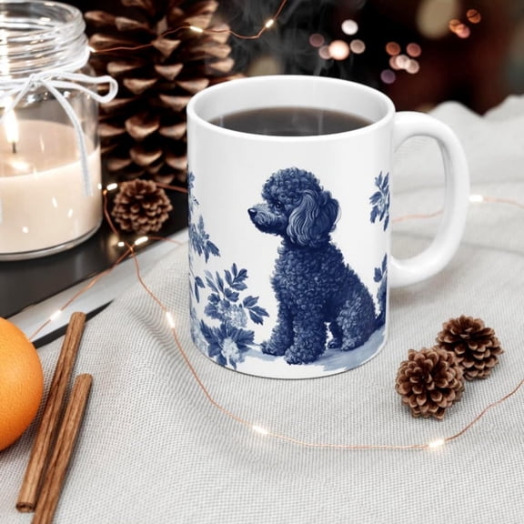 Poodle Blue Toile Coffee Mug, Eleganuy Dog Illustration Ceramic Cup, Vintage Garden White Drinkware, Poodle Lover Gift.