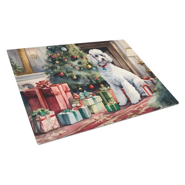 Poodle Cozy Christmas Glass Cutting Board Large 12 in x 15 in