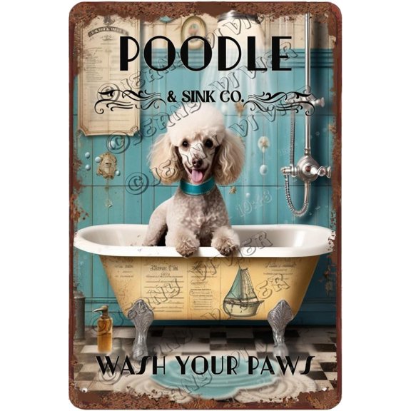 Poodle Decor Wash Your Paws Dog Art Retro Aluminum Sign 12x8 IN Metal Tin Sign Funny Bathroom Wall Decor Dog Gifts Poodle Dog Wall Decor French Country Wall Prints