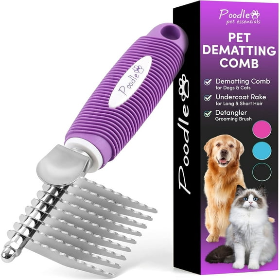 Poodle Dematting Fur Rake Comb Brush for Dogs and Cats - Long 2.5" Steel Safety Blades Metal Detangling Matted or Knotted coat Hair