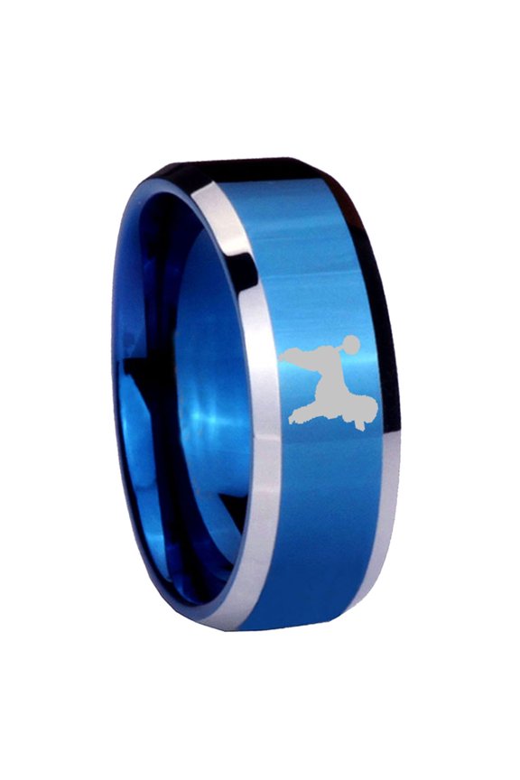 Poodle Design 8MM Beveled Edge Blue Tungsten Men Ring