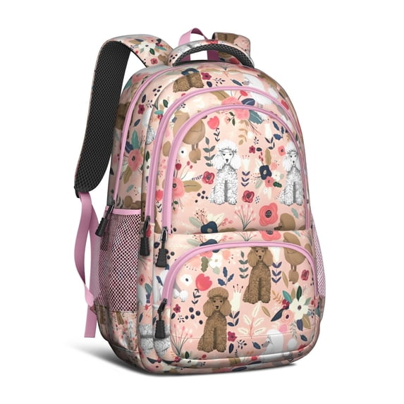 Poodle Dog and Flower Floral Backpack for School,Cute School Bag,Schoolbag with Adjustable Shoulder Straps & Padded Back,16.9 Inch