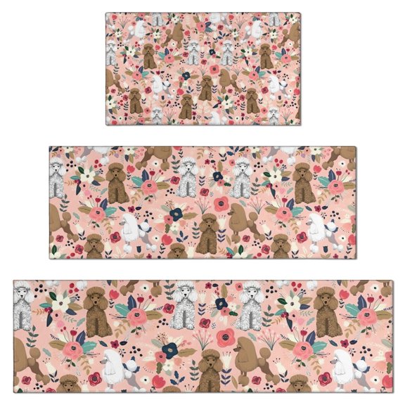 Poodle Dog and Flower Floral Kitchen Rugs Sets Of 3,Kitchen Runner Rugs Non Skid Washable,Decorative Kitchen Floor Mats for Kitchen,Sink,Laundry,17"x30"+ 17"x47" + 17"x59"