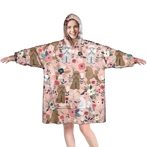 Poodle Dog and Flower Floral Wearable Oversized Blanket,Wearable Blanket Hoodie for Adults,Cozy Hooded Blankets with Super Pockets,Super Warm Fuzzy Pullover for Women & Men