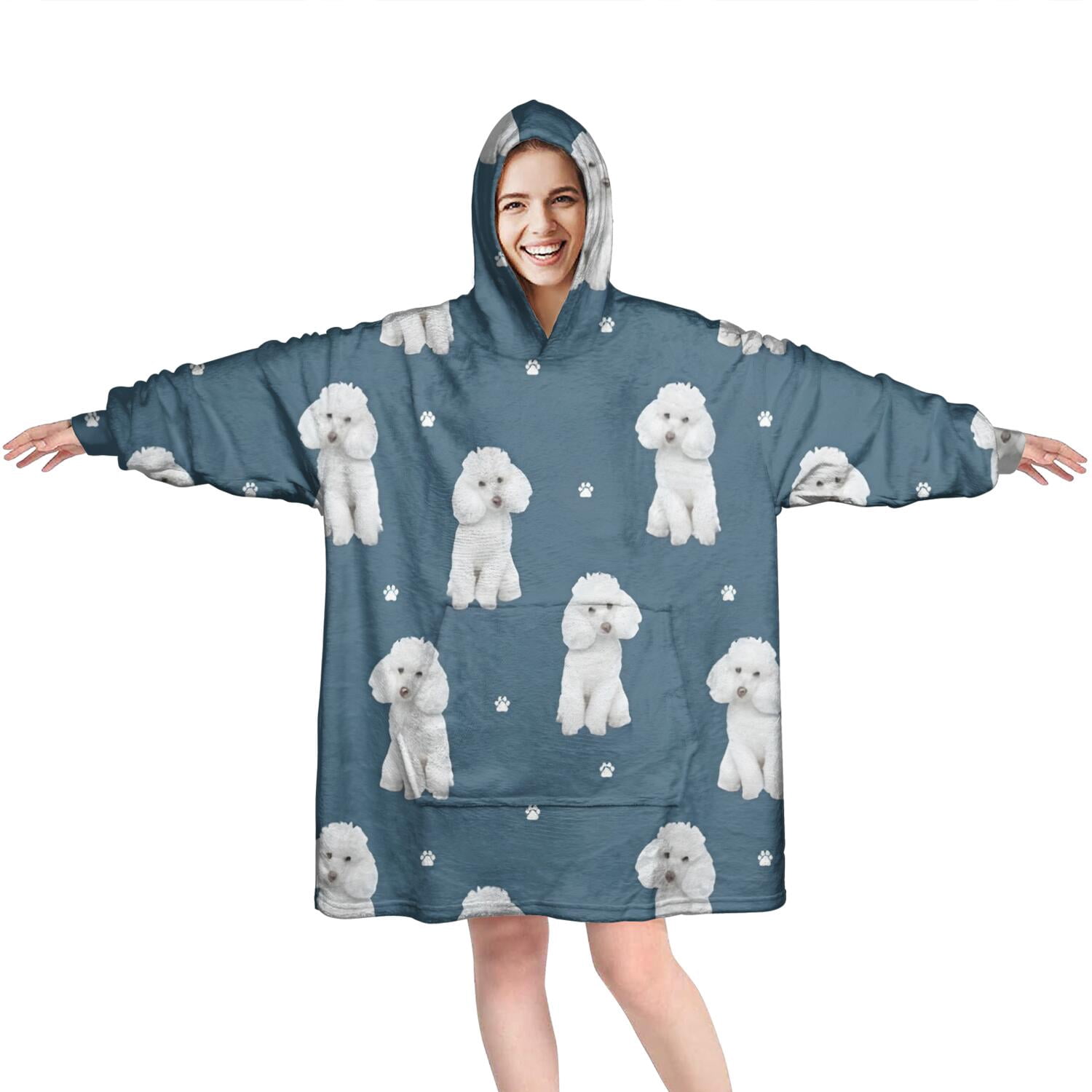 Poodle Dog and Footprint Wearable Oversized Blanket,Wearable Blanket Hoodie for Adults,Cozy Hooded Blankets with Super Pockets,Super Warm Fuzzy Pullover for Women & Men