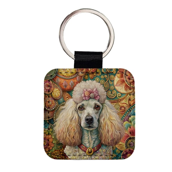 Poodle Dog French Bohemian Art Faux Leather Square Keychain