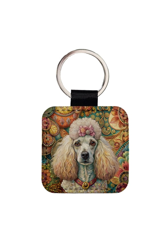 Poodle Dog French Bohemian Art Faux Leather Square Keychain