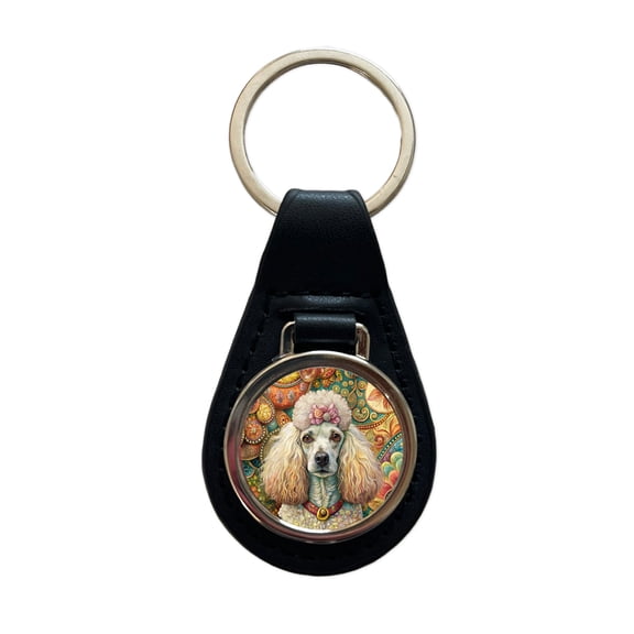 Poodle Dog French Bohemian Art Metal Black Leather Keychain
