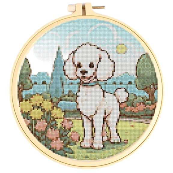 Poodle Dog in Garden Cross Stitch Kits for Starter Kits DIY 11CT Pre-printed Patterns Needlepoint Embroidery Cross Stitching Needlework Kit Set Supplies with Hoop 38x38cm (29)