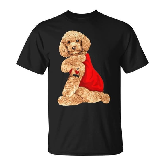 Poodle Dog I Love Mom Tattoo Style Graphic Tee Unisex Adult Cotton Casual Pet Lover T-Shirt for Dog Owners and Animal Enthusiasts, Size 5XL, Color Black