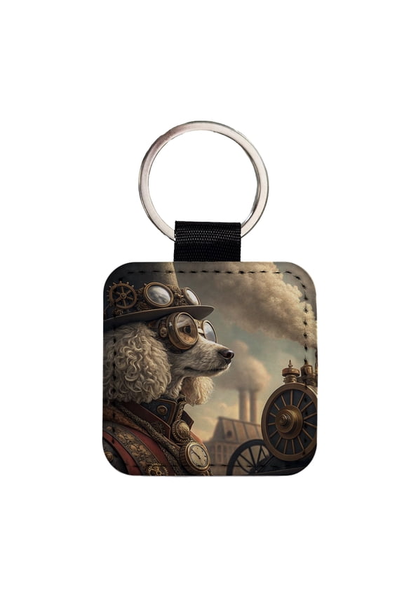 Poodle Dog Steampunk Faux Leather Square Keychain