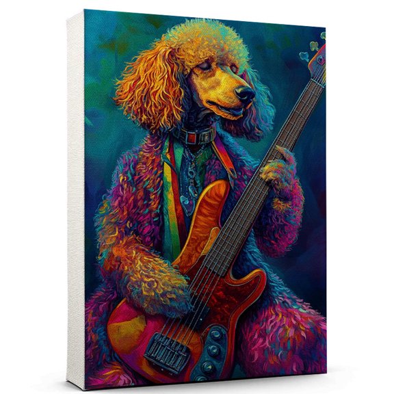 Poodle Dog Stretched Canvas Size 8x12 – Cute Poodle Canvas Wall Art of Puppy Playing Bass Guitar, Perfect for Dog and Music Fans
