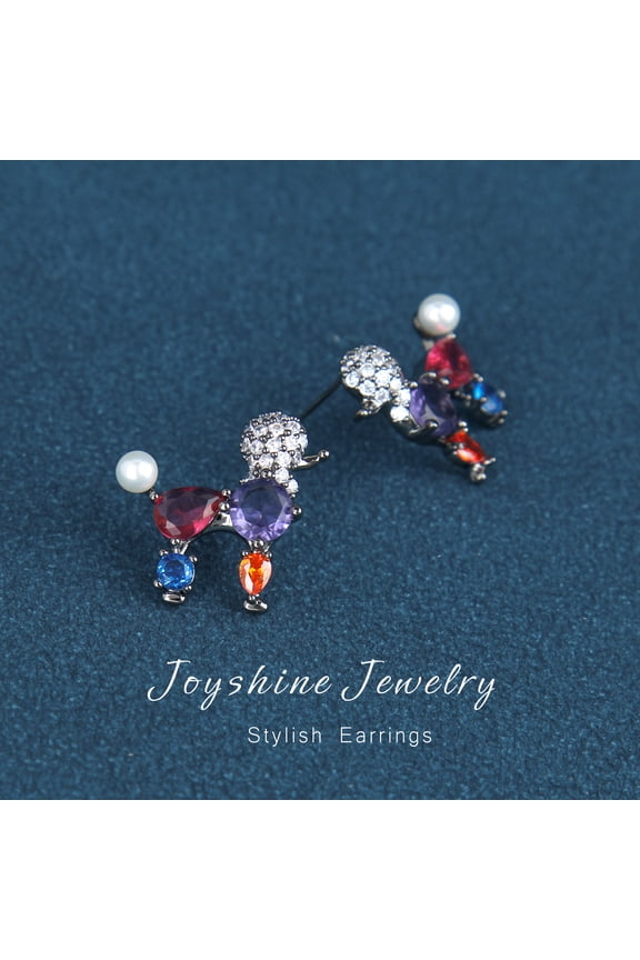 Poodle Dog Zirconia Stud Earrings with Pearl Tail – Copper and Zircon, Colorful Dog-Shaped Design, Unique Gift for Animal Lovers