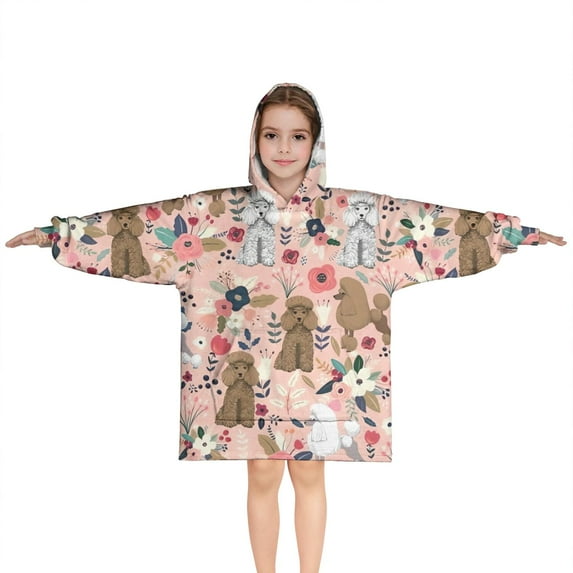 Poodle Dog and Flower Floral Blanket Hoodies for Kids 6-13YR Oversize Wearable Blanket Hoodies for Boys Girls Teens