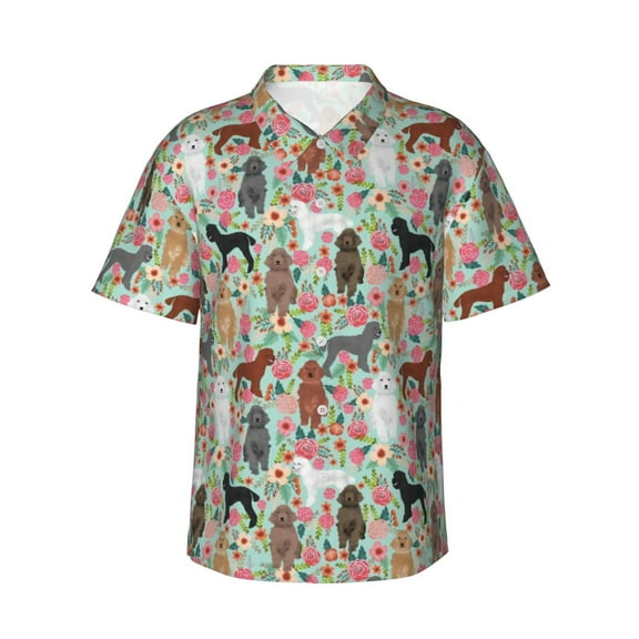 Poodle Dogs Flower Floral Men'S 3d Print Casual Button Down Shirts, Novelty Hawaiian Short Sleeves 3xl