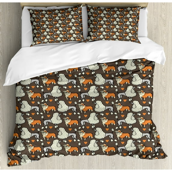 Poodle Duvet Cover Set, Doodle Illustration of Dogs with Heart Motifs Bulldog, Decorative 3 Piece Bedding Set with 2 Pillow Shams, Queen Size, Cocoa Multicolor, by Ambesonne