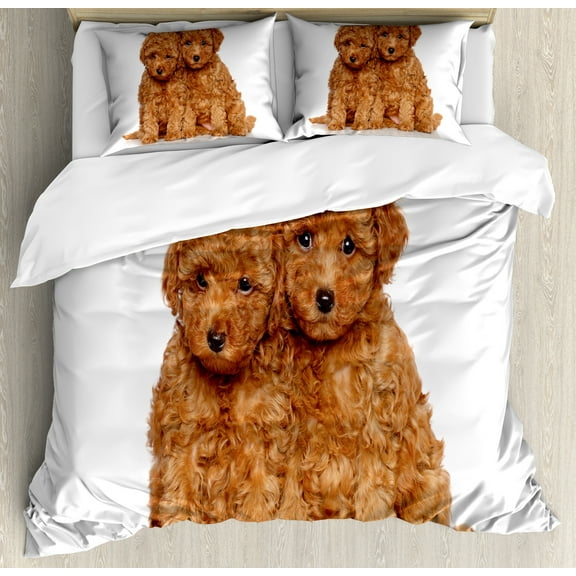 Poodle Duvet Cover Set, Puppies Cozily Posing on a Plain Background Animal Lover, Decorative 3 Piece Bedding Set with 2 Pillow Shams, Queen Size, Pale Caramel Sand Brown, by Ambesonne