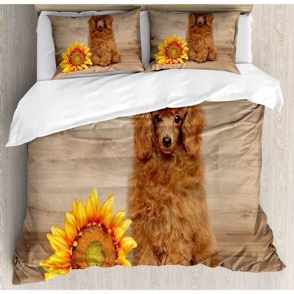 Poodle Duvet Cover Set, Sunflower and Dog on a Wooden Background, Decorative 3 Piece Bedding Set with 2 Pillow Shams, Queen Size, Pale Brown Marigold, by Ambesonne