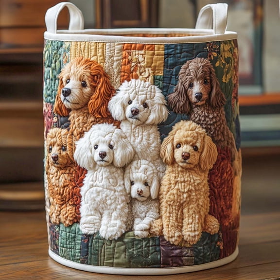 Poodle Family Quilted Laundry Basket, Dog Lover Storage Hamper for Clothes, Toys and Cozy Room Decor