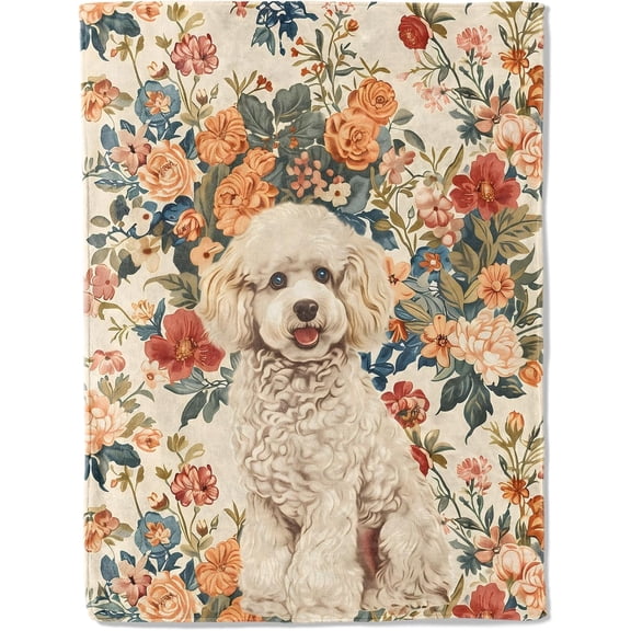 Poodle Flannel Blanket - Dog Floral with Lush Flower - Soft Cozy Gifts Blankets for Users Women & Pet Lovers,Elegant Country Modern Decor,Home Artistic Room Accent 40x50in