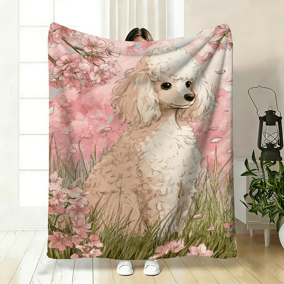 Poodle Floral-Themed Polyester Flannel Blanket – Soft, Warm Throw for Bed, Sofa, Travel, Camping – 3 Sizes
