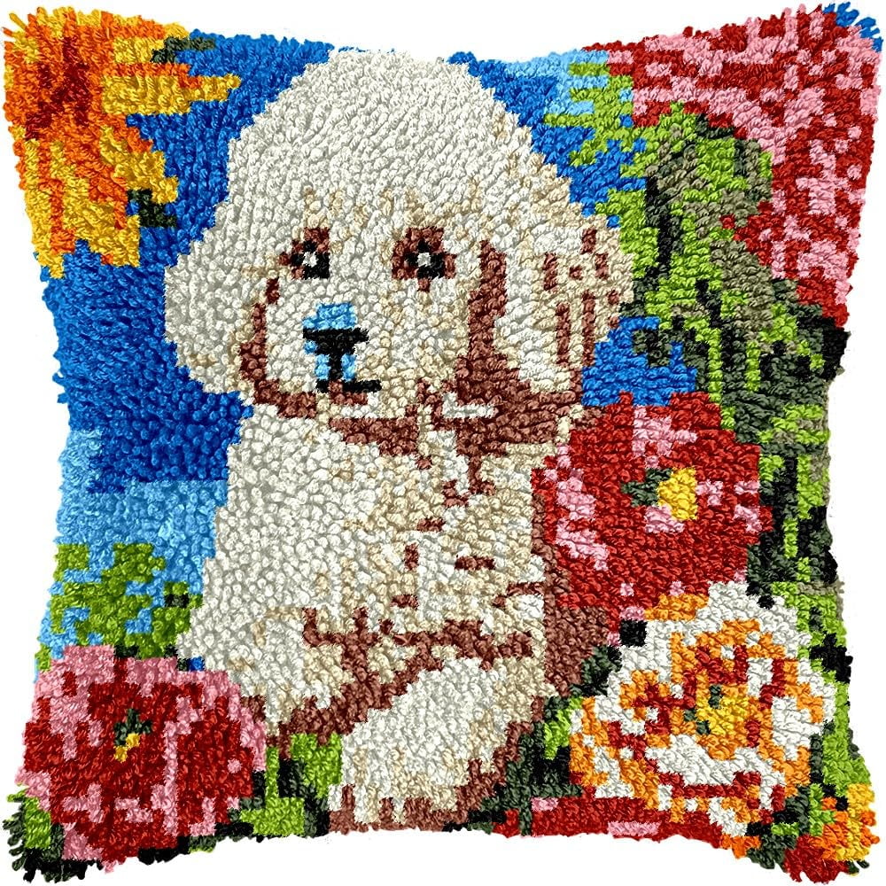 Poodle & Flower Latch Hook Kits Pillow kits Cushion Throw Pillow Embroidery Craft Kits DIY Kits of DIY Hooking Pillowcase Cover Supplier with Color Printed Canvas 43x43cm (238)