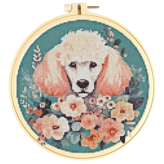 Poodle & Flowers Cross Stitch Kits for Starter Kits DIY 11CT Pre-printed Patterns Needlepoint Embroidery Cross Stitching Needlework Kit Set Supplies with Hoop 38x38cm (17)