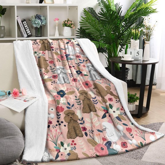 Poodle and Flowers Floral Blanket,Comfortable Soft Flannel Throw Blanket,All Season,Warm Lightweight Blankets for Sofa Bed Couch Living Room Chair,40"x50"(100x130cm)