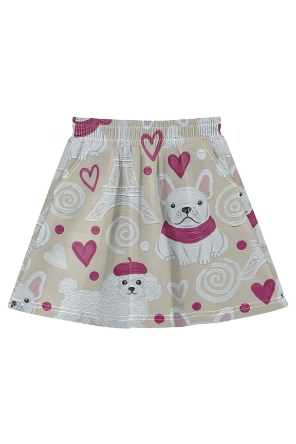 Poodle French Bulldog Love Eiffel Tower Cotton Skirt Built-in Liner Elastic A-Line Flared Skirt with Pockets