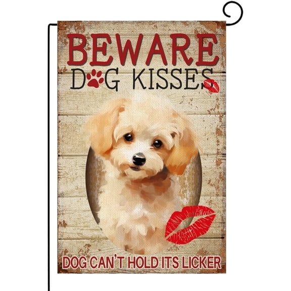Poodle Funny Flags Dog Garden Flags 12x18 Double Sided, BEWARE OF DOG KISSES Outdoor Flag, American Flag with Loyal Cute Spectacled Dog, Independence Day Decorations(8154)